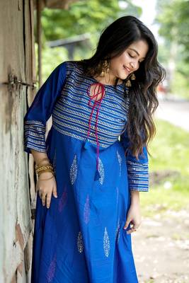 Women's Blue Cotton Block Prints Long Anarkali kurti 7