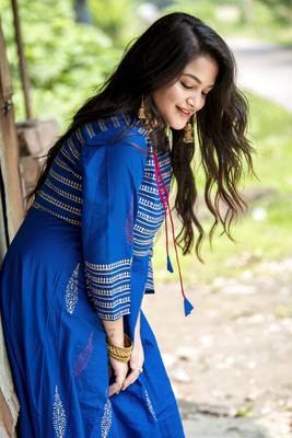 Women's Blue Cotton Block Prints Long Anarkali kurti 8