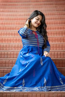 Women's Blue Cotton Block Prints Long Anarkali kurti 9