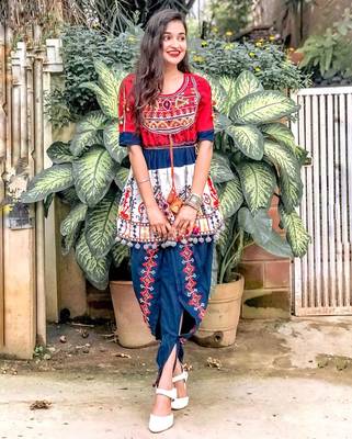 Red Yoke And Parrot Motif Panel Embroidered Kedia And Navy Blue Tulip Pants Set 6