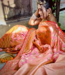 blush pink  embroidered kanchipuram silk blend saree with blouse