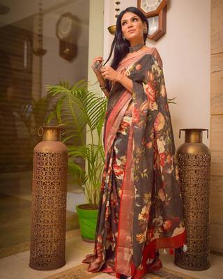 Black Printed Linen Saree With Blouse 1