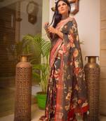 Black Printed Linen Saree With Blouse