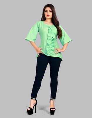 Sea-green plain cotton party-tops 2