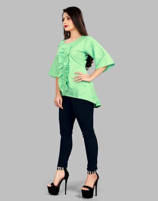 Sea-green plain cotton party-tops 3