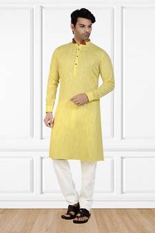 Yellow stripes printed cotton kurta-pajama