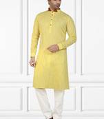 Yellow stripes printed cotton kurta-pajama