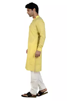 Yellow stripes printed cotton kurta-pajama