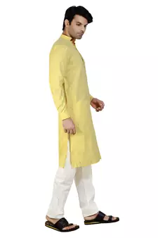 Yellow stripes printed cotton kurta-pajama