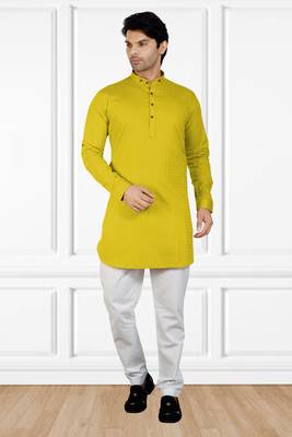 men's yellow short pathani kurta pant set 1