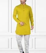 men's yellow short pathani kurta pant set
