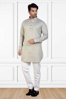 men's grey short pathani kurta pant set 1