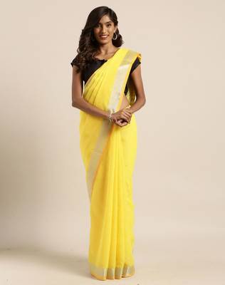 Yellow plain linen saree with blouse 1
