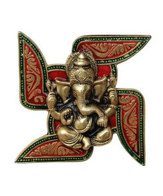 Ganesha Placed on Swastik Aluminium Metal Wall Hanging 1