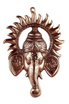 Black Metal Ganesh Ji Face Encircled With Suraj Ji Wall Hanging.
