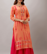 Orange Colored Golden Zari Work Kurta With Pink Sharara