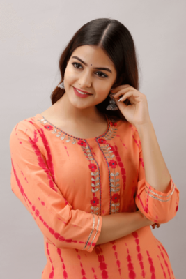 Orange Colored Golden Zari Work Kurta With Pink Sharara 2