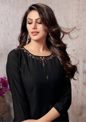 Black Festive Wear Fancy Fabric Thread Embroidered Kurti With Bottom 2