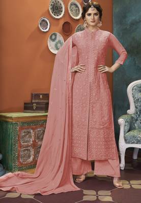 Peach embroidered faux georgette salwar 1