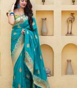 Dark sky blue woven silk blend saree with blouse