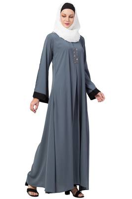 MRC Women A-line Casual abaya with piping work grey 3