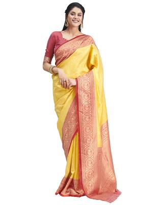 Yellow woven silk blend saree with blouse 1