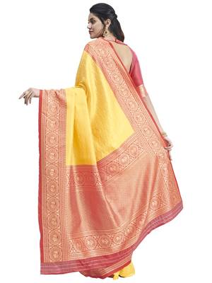 Yellow woven silk blend saree with blouse 2