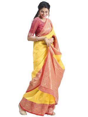 Yellow woven silk blend saree with blouse 3