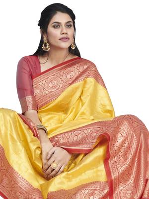 Yellow woven silk blend saree with blouse 4
