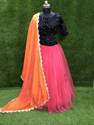 Rani-pink plain net semi stitched lehenga 1
