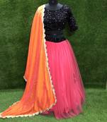 Rani-pink plain net semi stitched lehenga