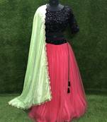 Rani-pink plain net semi stitched lehenga