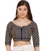 Women's Navy Blue & Silver Silk Blend Readymade Free Size Saree Blouse