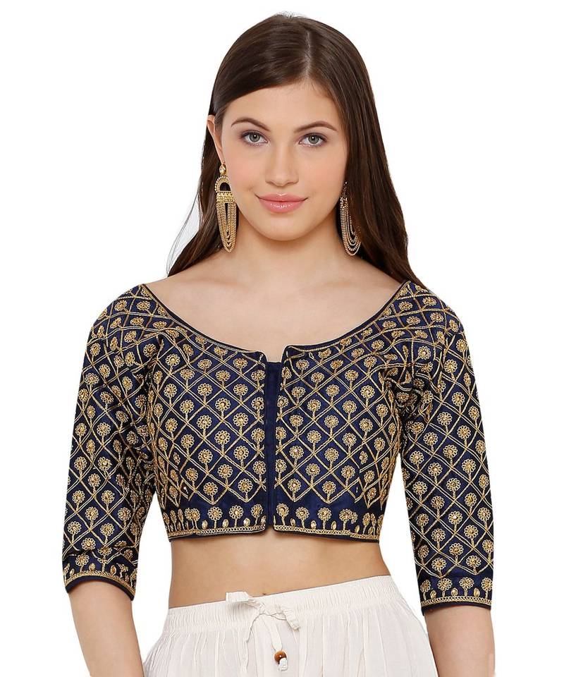 Women's Navy Blue & Silver Silk Blend Readymade Free Size Saree Blouse