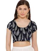 Women's Navy Blue & Silver Silk Blend Readymade Saree Blouse