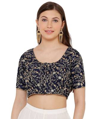 Women's Navy Blue Silk Blend Readymade Saree Blouse 1