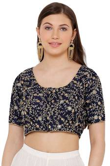 Women's Navy Blue Silk Blend Readymade Saree Blouse