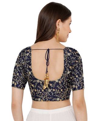 Women's Navy Blue Silk Blend Readymade Saree Blouse 2