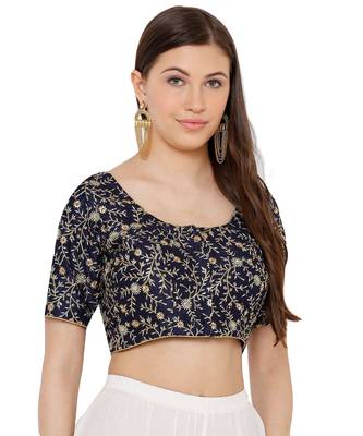 Women's Navy Blue Silk Blend Readymade Saree Blouse 3