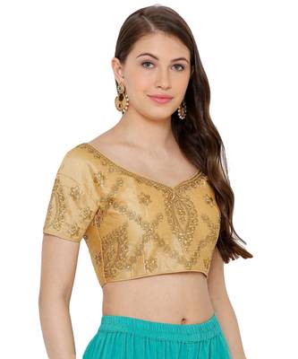 Women's Gold Silk Blend Readymade Free Size Saree Blouse 3