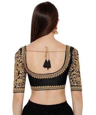 Women's Black Silk Blend Readymade Free Size Saree Blouse 2