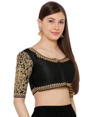 Women's Black Silk Blend Readymade Free Size Saree Blouse 3