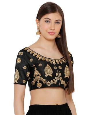Women's Black Silk Blend Readymade Free Size Saree Blouse 3