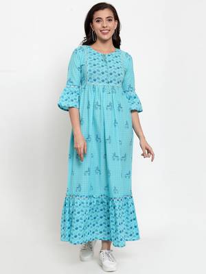 Indibelle Turquoise printed cotton maxi-dresses 1