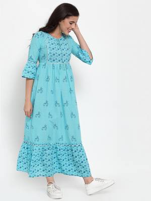 Indibelle Turquoise printed cotton maxi-dresses 2