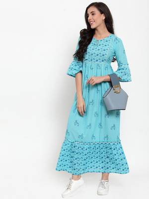 Indibelle Turquoise printed cotton maxi-dresses 5