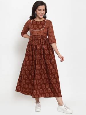 Brown printed cotton maxi-dresses 1