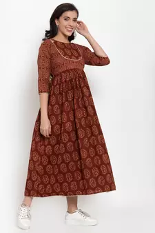 Brown printed cotton maxi-dresses