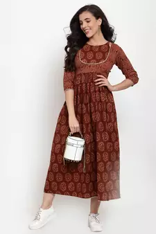 Brown printed cotton maxi-dresses