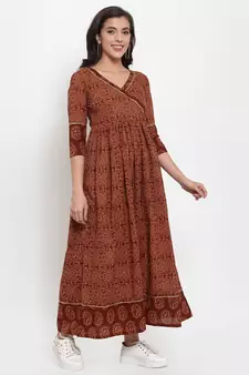 Brown printed cotton maxi-dresses